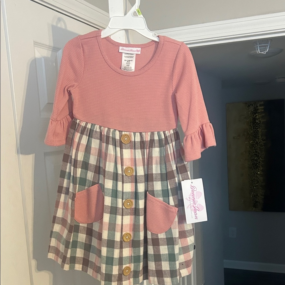 Bonnie Jean Pink and Plaid Dress with Button Accents